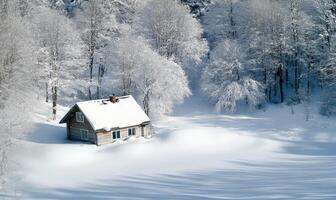 A small cabin is covered in snow and sits in a snowy field photo