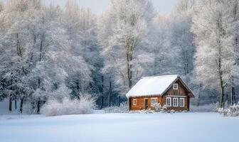 A small cabin is surrounded by trees covered in snow photo