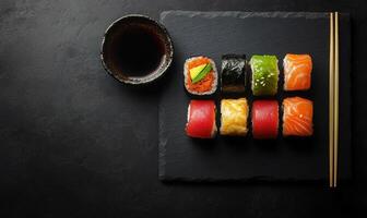 A plate of assorted sushi rolls with chopsticks and a cup of sauce photo
