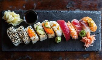 A plate of sushi with a variety of different types of sushi on it photo