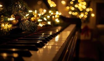 A piano is lit up with Christmas lights and a tree in the background photo
