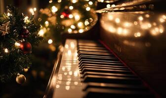 A piano is lit up with Christmas lights and a tree in the background photo