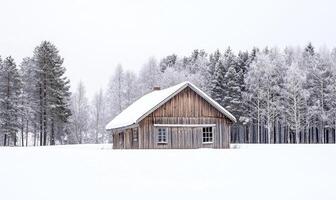 A small, old wooden house sits in a snowy field photo