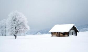 A small cabin is in the snow, with a tree in the background photo