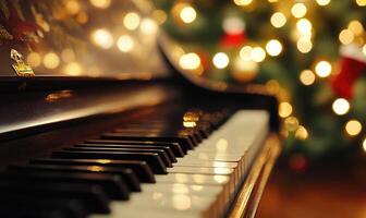 A piano is lit up with Christmas lights and a tree in the background photo