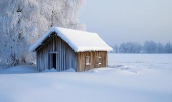 A small cabin in the snow with a roof covered in snow photo