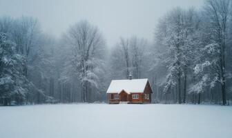 A small cabin is surrounded by trees and covered in snow photo