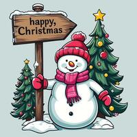 T Shirt Design Featuring a Snowman with a Christmas Tree in the Background vector