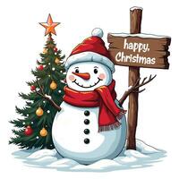 T Shirt Design of Snowman with Hat and Scarf Next to Christmas Tree and Happy Christmas Text vector