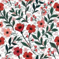 a seamless pattern with red and pink flower and green leaves vector