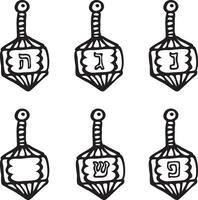 Traditional Hanukkah Dreidel outline set with letters in Hebrew Hand-drawn doodle style illustration vector