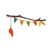 A tree branch decorated with a garland. Autumn decorative element. Flat illustration on white background. vector