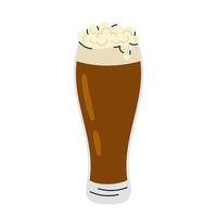 Glass of dark beer with froth. Tall glass goblet with beer, pub, bar. Alcohol drink in flat style on white background. vector