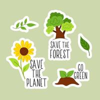 Save the forest. Different plants with lettering urging to protect nature in a flat style. Set of eco-friendly stickers. Environmental protection illustrations. vector