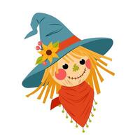 Portrait cute scarecrow. Farm, a rural decorative element. Rustic or farm scarecrow character in flat style on white background. vector