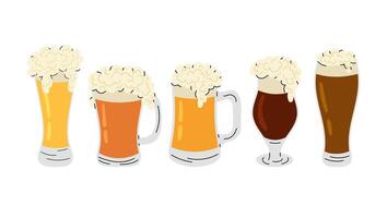 Beer. Different types of beer in glasses and pints. Alcohol drinks in flat style on white background. Oktoberfest. Glasses with dark and light beers. vector
