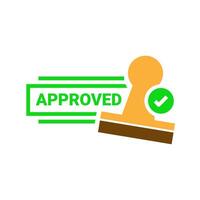 Concept illustration of an Approved stamp in a bold frame with a check mark and classic rubber stamp tool. For use in approval, certification, and validation designs vector
