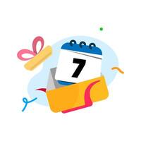 7 Days Free Trial Banner Illustration for App or Website. Open Gift Box with Calendar, Flying Ribbons, and Festive Design vector