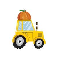 Yellow tractor carrying a pumpkin on its roof, great for fall and farm inspired illustrations vector