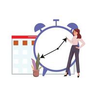 Woman standing with a phone, background features a clock, plant, and calendar, symbolising scheduling vector