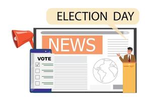 Man delivering a speech with voting app, megaphone, and news article on the screen behind vector