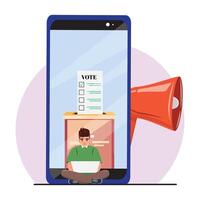 Seated man working on laptop, large cellphone with vote document and megaphone symbolising online voting and election news vector