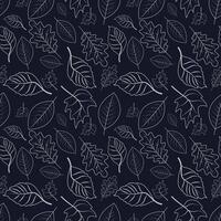 Autumn themed seamless pattern with white outline leaves on dark background, elegant style vector