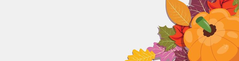 Horizontal banner with a white background, autumn pumpkin and leaves on the right side vector