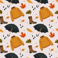 Autumn seamless pattern with leaves, umbrella, boots and knitted sweater on light background vector