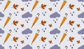 Seamless fall pattern with umbrellas, clouds, raindrops and leaves on light background vector