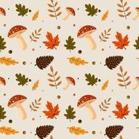 Seamless fall pattern with mushrooms, different leaves, spruce leaves on light background vector