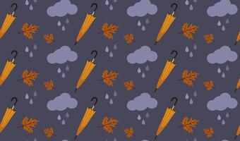Seamless autumn pattern with umbrellas, clouds, raindrops and leaves on gray background vector