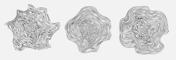 Set of abstract wavy wood circle. Hand drawn tree ring pattern. Abstract ripple circular concentric texture. Organic shape vector