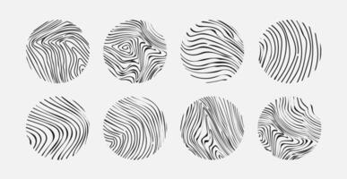 Set of wavy abstract outline circle. Wood rings or topographic map lines texture. Contour design elements vector