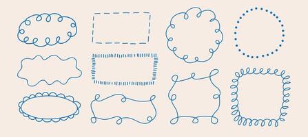 Set of outline scallop frame border in doodle style. Retro whimsical frame with wavy border. Brush hand drawn circle and square vector