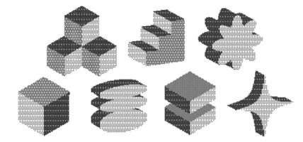 Set of bitmap pixelated volumetric geometric figures. Retro halftone colorful shapes. Colorful Geometric Block flat y2k vector