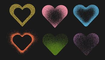 Set of gradient grain color heart shape. Elements multicolor design on black background. Hearts with faded gradation of noise grain. vector