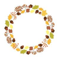 Wreath, frame, border in a circle with autumn elements. Acorn, yellow leaves, bunch of berries in autumn colors. Autumn time vector