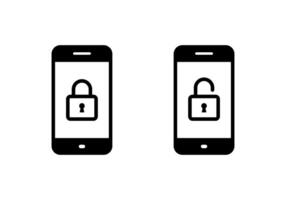 Lock and unlock on cellphone screen icon. Mobile phone with padlock sign symbol vector