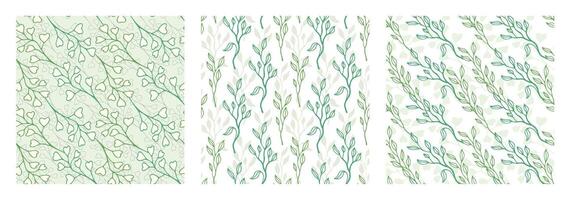 Green leaves simple greenery seamless pattern set with line art nature branch set vector