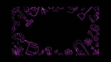 Neon frame effect, Flower Frame with Garden Tools on black background video