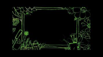 Neon frame effect, Flower Frame with Garden Tools on black background video