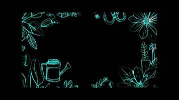 Neon frame effect, Flower Frame with Garden Tools on black background video