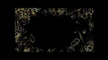 Neon frame effect, Flower Frame with Garden Tools on black background video