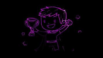 Neon frame effect, Superhero and a Trophy on black background video