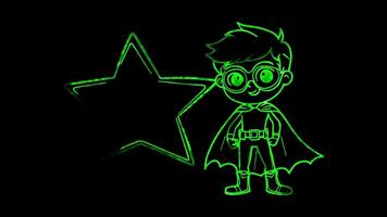Neon frame effect, superhero standing next to a large, sparkling star on black background video