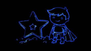 Neon frame effect, superhero standing next to a large, sparkling star on black background video