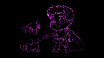 Neon frame effect, superhero holding hands or playing with a cute sidekick animal on black background video