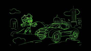 Neon frame effect, Superhero with a Fun Vehicle on black background video