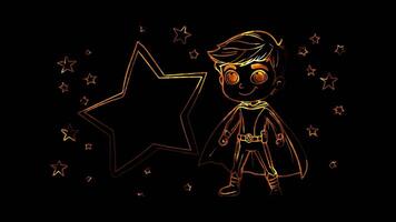 Neon frame effect, superhero standing next to a large, sparkling star on black background video